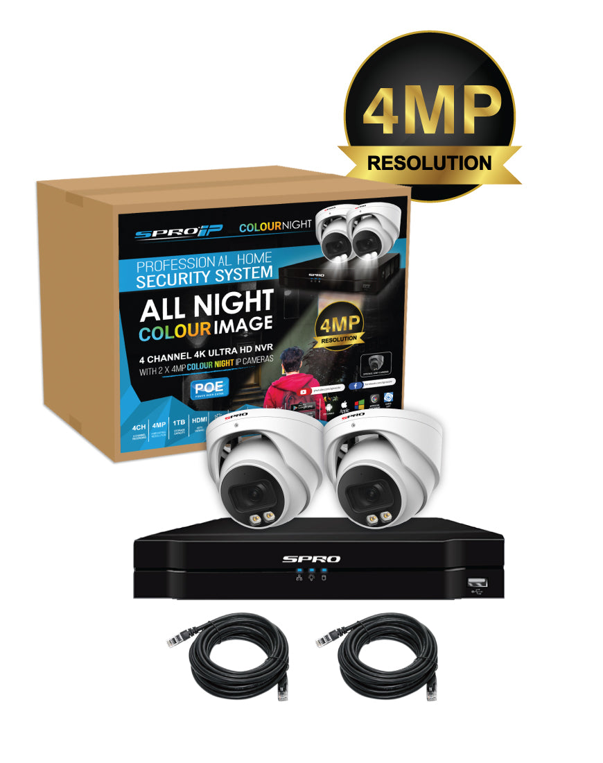 SPRO 4 Channel Ultra HD Colour Night POE NVR - 2 Camera Kit - 1TB (WHITE)