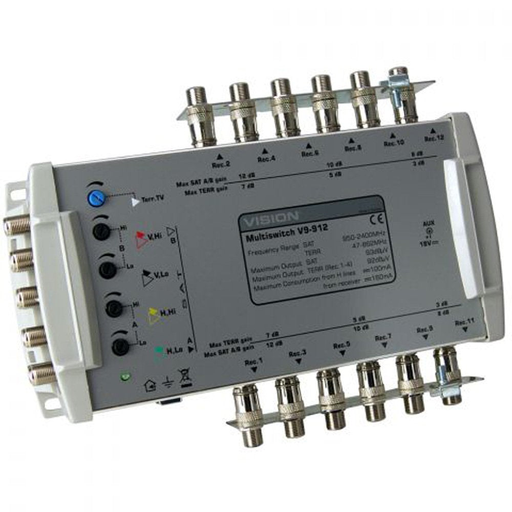 Vision 9 x 12 Multi-Switch With Earth Bars, Stepped Gain Outputs. Line Powered EV9-912