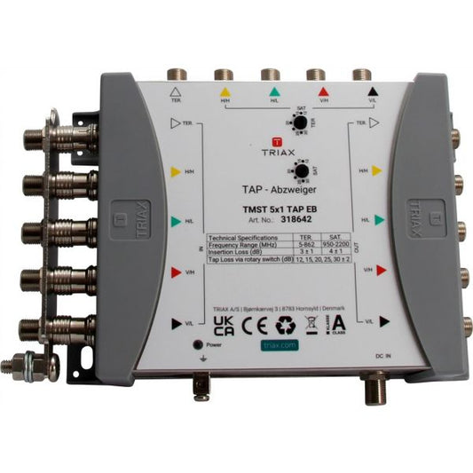 Triax 5 Input 1 Way Tap, attenuation 12 - 30 dB via rotary switch, Earth Bars included