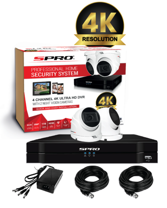 SPRO 4 Channel Ultra HD 4K DVR - 2 Camera Kit - 1TB